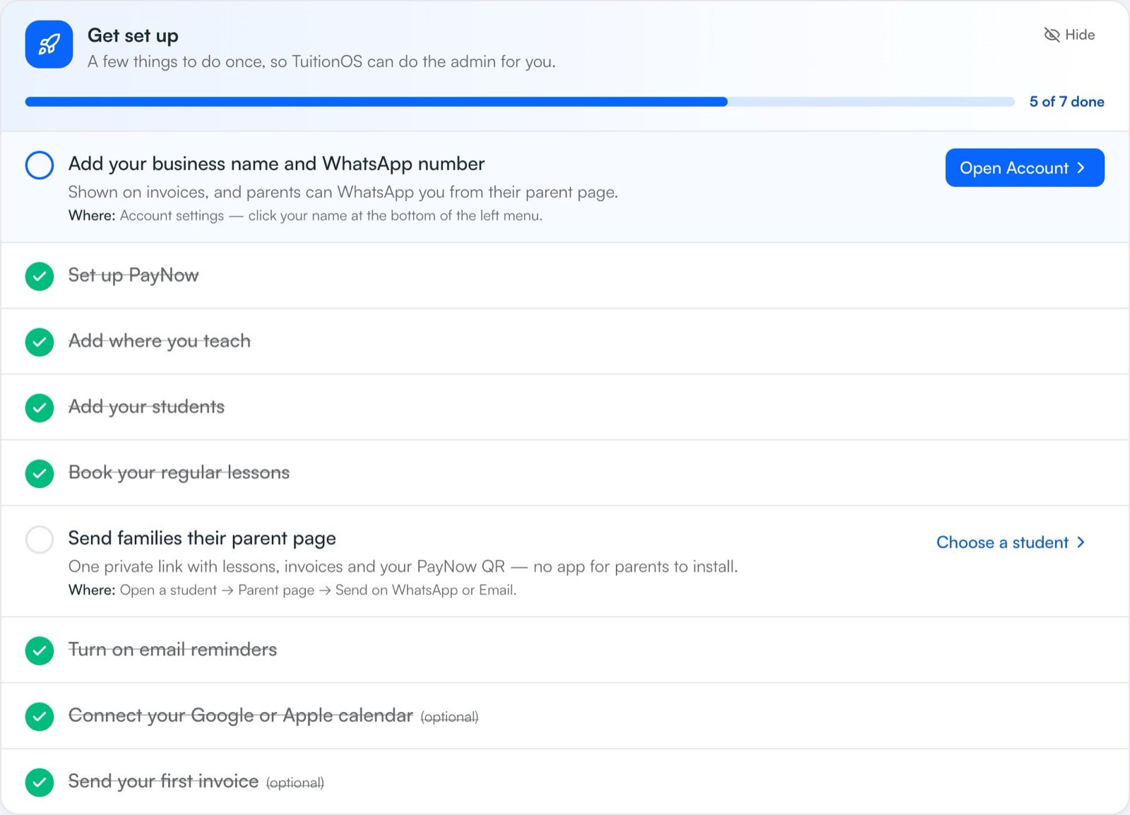 The Get set up checklist in TuitionCRM