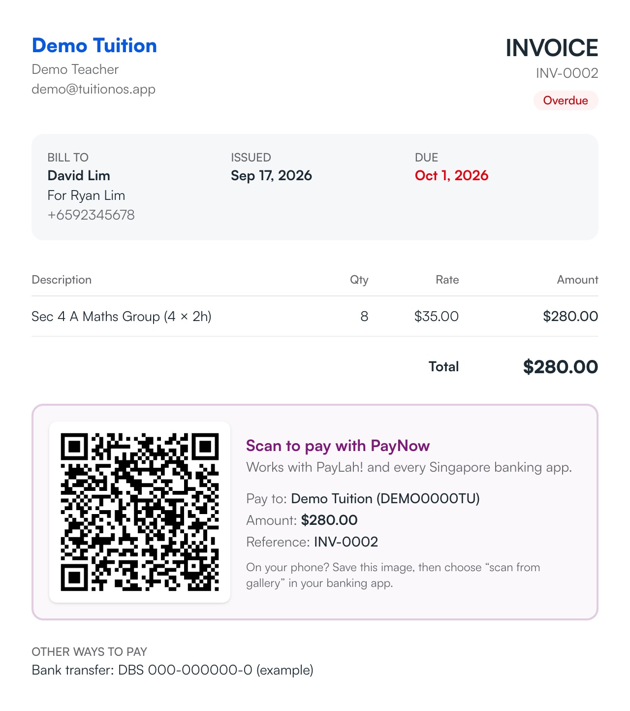 Get paid with a PayNow QR on every invoice