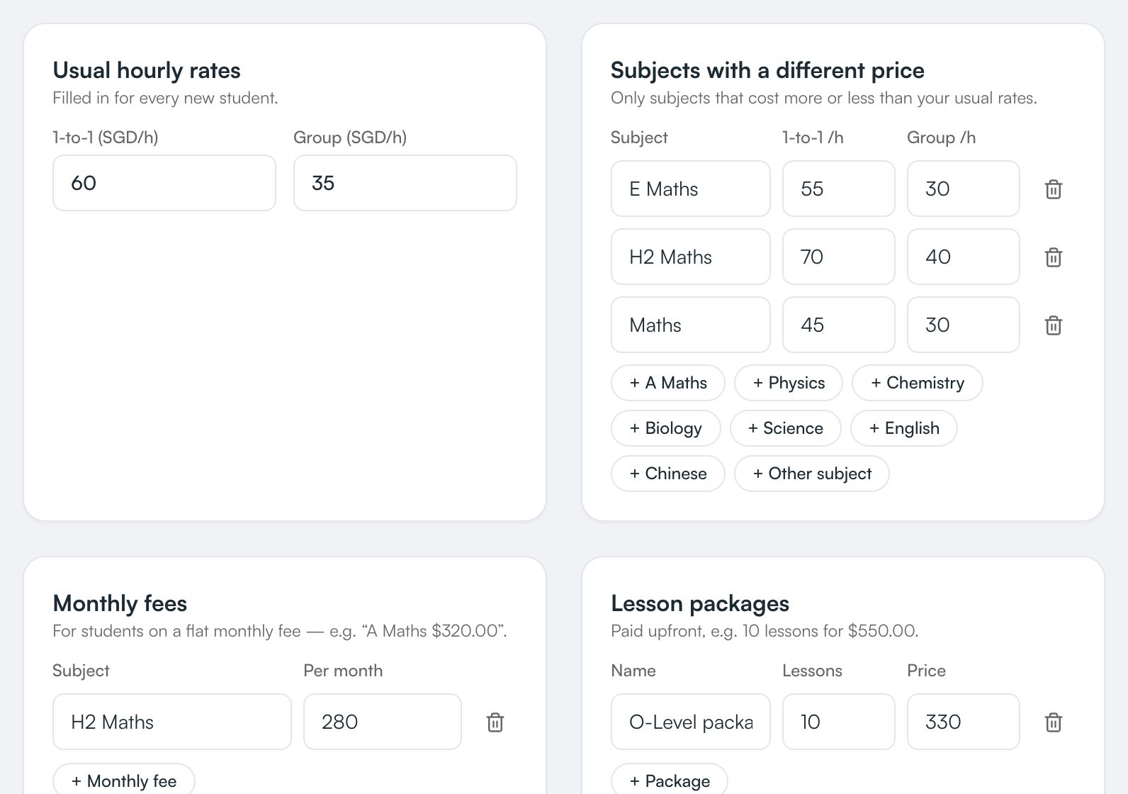 Set your prices once — even per subject